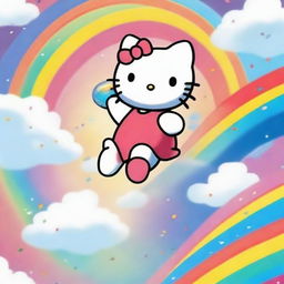 This is a high-quality digital art image featuring the beloved character, Hello Kitty, joyfully cavorting under a vibrant rainbow