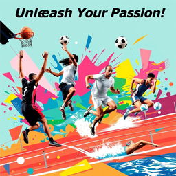 A dynamic and vibrant sports poster featuring various athletes engaged in different sports activities