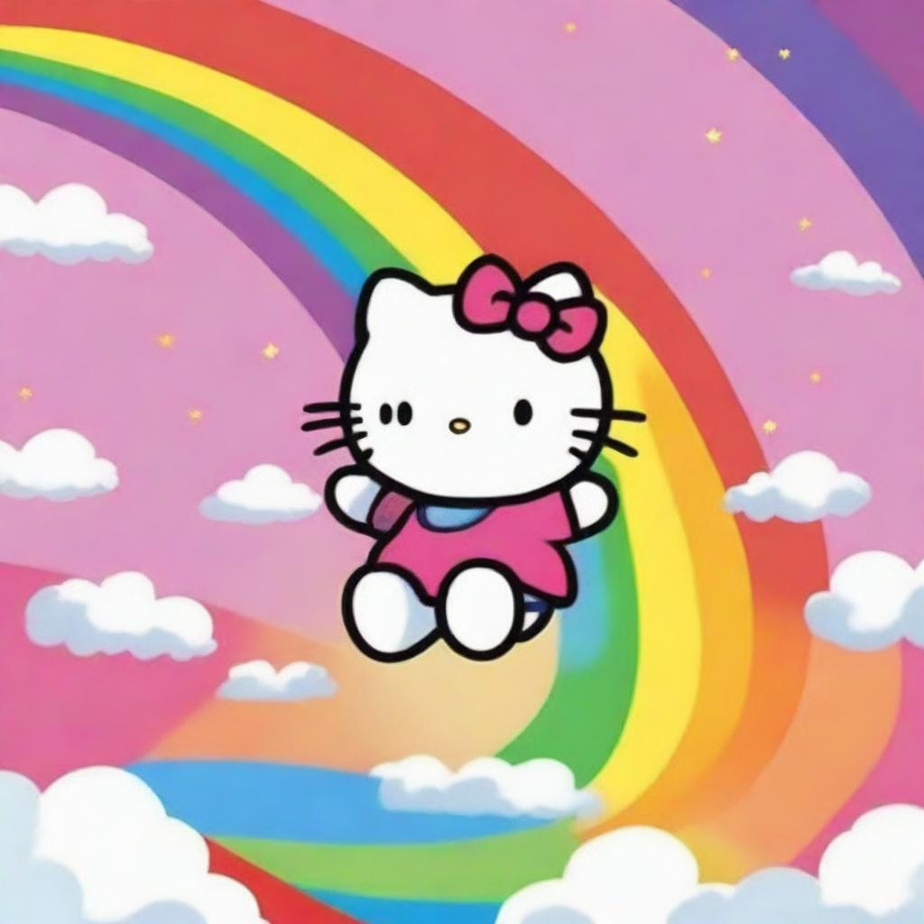 This is a high-quality digital art image featuring the beloved character, Hello Kitty, joyfully cavorting under a vibrant rainbow