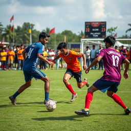 A dynamic and lively scene capturing the essence of the Pallappady Soccer League, showcasing players in vibrant jerseys passionately engaging in a fierce match on a well-maintained green field