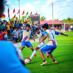 A dynamic and lively scene capturing the essence of the Pallappady Soccer League, showcasing players in vibrant jerseys passionately engaging in a fierce match on a well-maintained green field