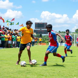 A dynamic and lively scene capturing the essence of the Pallappady Soccer League, showcasing players in vibrant jerseys passionately engaging in a fierce match on a well-maintained green field
