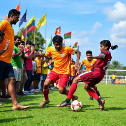 A dynamic and lively scene capturing the essence of the Pallappady Soccer League, showcasing players in vibrant jerseys passionately engaging in a fierce match on a well-maintained green field
