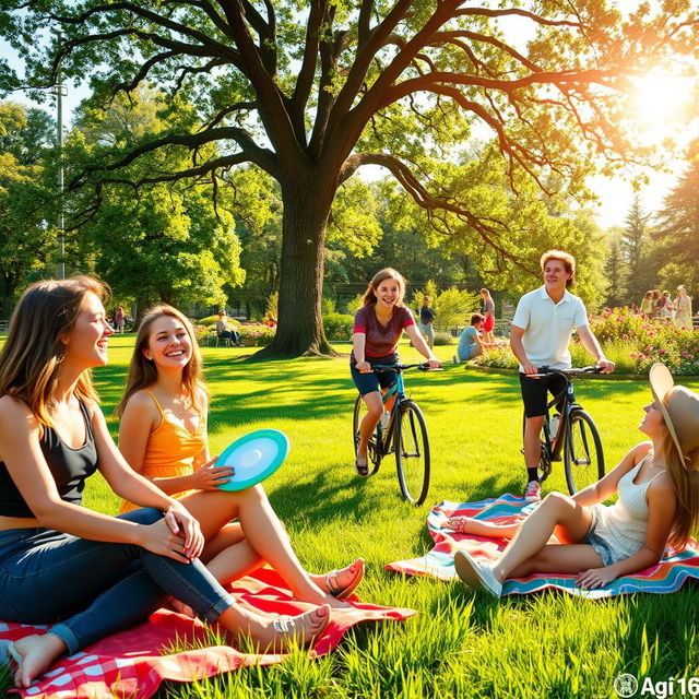 A vibrant, energetic scene depicting a group of teenagers, aged around 16, enjoying a sunny day outdoors