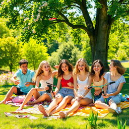 A vibrant, energetic scene depicting a group of teenagers, aged around 16, enjoying a sunny day outdoors