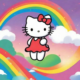 This is a high-quality digital art image featuring the beloved character, Hello Kitty, joyfully cavorting under a vibrant rainbow