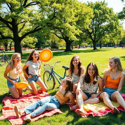 A vibrant, energetic scene depicting a group of teenagers, aged around 16, enjoying a sunny day outdoors