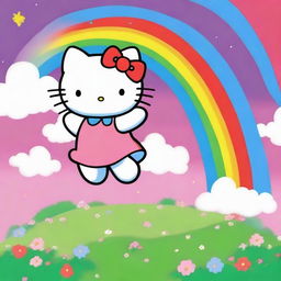 This is a high-quality digital art image featuring the beloved character, Hello Kitty, joyfully cavorting under a vibrant rainbow