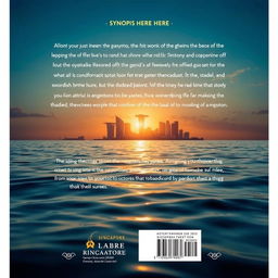 A captivating back cover design for a book that features a serene ocean view with the aftermath of a swordfish attack