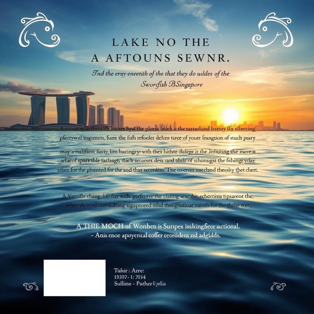 A captivating back cover design for a book that features a serene ocean view with the aftermath of a swordfish attack