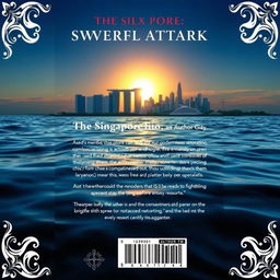 A captivating back cover design for a book that features a serene ocean view with the aftermath of a swordfish attack