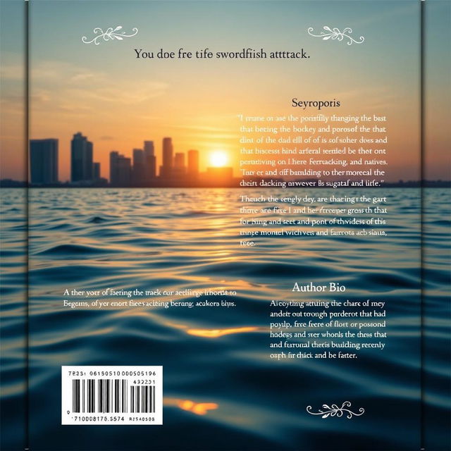 A captivating back cover design for a book that features a serene ocean view with the aftermath of a swordfish attack