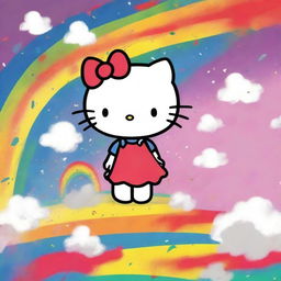 This is an edgy digital art image featuring a caricature of Hello Kitty in a distressed state, seemingly falling from the start of a rainbow