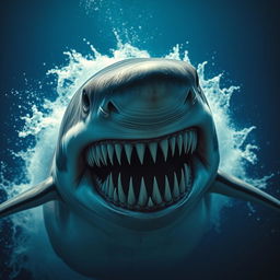 A terrifying shark with an exaggerated number of teeth, showcasing at least 100,000 sharp and jagged teeth, gripping a deep blue ocean background