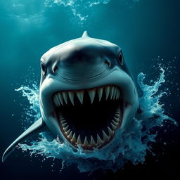 A terrifying shark with an exaggerated number of teeth, showcasing at least 100,000 sharp and jagged teeth, gripping a deep blue ocean background