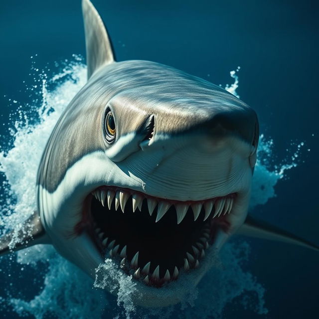 A terrifying shark with an exaggerated number of teeth, showcasing at least 100,000 sharp and jagged teeth, gripping a deep blue ocean background