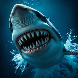 A terrifying shark with an exaggerated number of teeth, showcasing at least 100,000 sharp and jagged teeth, gripping a deep blue ocean background