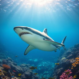 A majestic great white shark swimming gracefully through crystal clear waters, showcasing its powerful body, sharp teeth, and remarkable dorsal fin