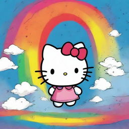 This is an edgy digital art image featuring a caricature of Hello Kitty in a distressed state, seemingly falling from the start of a rainbow