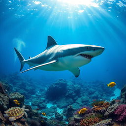 A majestic great white shark swimming gracefully through crystal clear waters, showcasing its powerful body, sharp teeth, and remarkable dorsal fin