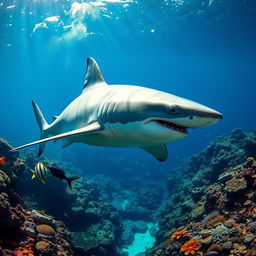 A majestic great white shark swimming gracefully through crystal clear waters, showcasing its powerful body, sharp teeth, and remarkable dorsal fin