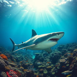 A majestic great white shark swimming gracefully through crystal clear waters, showcasing its powerful body, sharp teeth, and remarkable dorsal fin