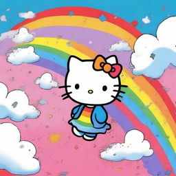 This is an edgy digital art image featuring a caricature of Hello Kitty in a distressed state, seemingly falling from the start of a rainbow