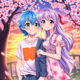 A vibrant and colorful anime-style illustration of a couple in a romantic setting