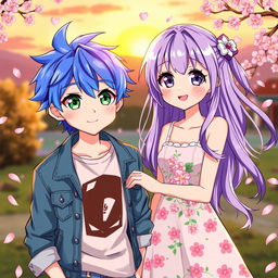 A vibrant and colorful anime-style illustration of a couple in a romantic setting