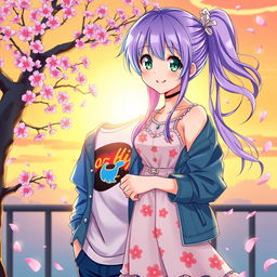 A vibrant and colorful anime-style illustration of a couple in a romantic setting