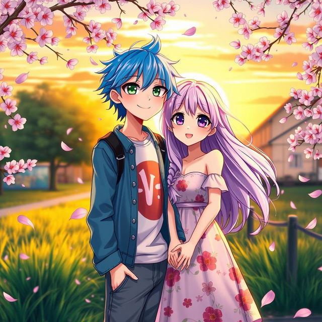 A vibrant and colorful anime-style illustration of a couple in a romantic setting