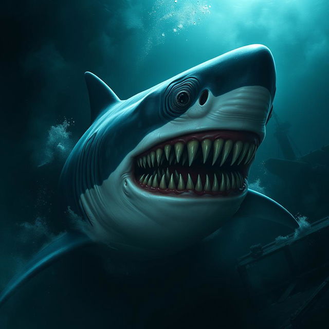 A nightmarish great white shark with an exaggerated, monstrous appearance featuring an impossible number of 10,000 razor-sharp teeth glistening menacingly in the light