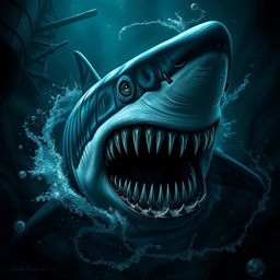 A nightmarish great white shark with an exaggerated, monstrous appearance featuring an impossible number of 10,000 razor-sharp teeth glistening menacingly in the light