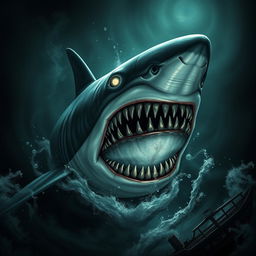 A nightmarish great white shark with an exaggerated, monstrous appearance featuring an impossible number of 10,000 razor-sharp teeth glistening menacingly in the light