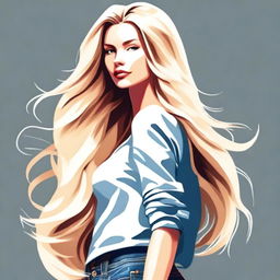 A digital art of a young woman with flowing blonde hair, dressed in stylish casual attire