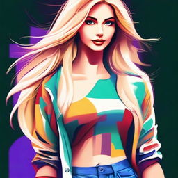 A digital art of a young woman with flowing blonde hair, dressed in stylish casual attire