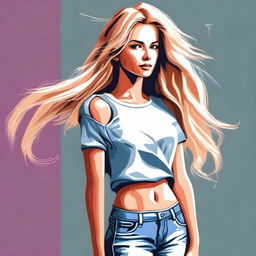 A digital art of a young woman with flowing blonde hair, dressed in stylish casual attire