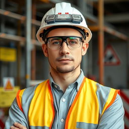 A professional-looking safety engineer with a clear focus on safety, standing confidently in a construction environment