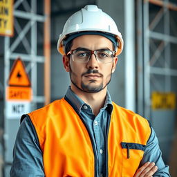 A professional-looking safety engineer with a clear focus on safety, standing confidently in a construction environment