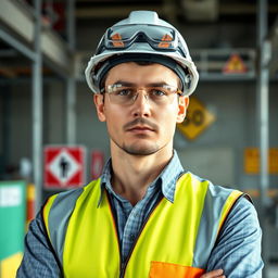 A professional-looking safety engineer with a clear focus on safety, standing confidently in a construction environment