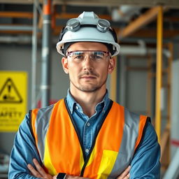A professional-looking safety engineer with a clear focus on safety, standing confidently in a construction environment