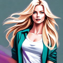 A digital art of a young woman with flowing blonde hair, dressed in stylish casual attire