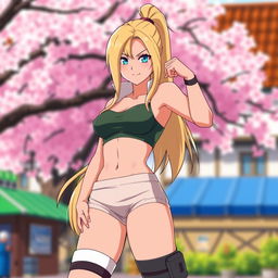 A vibrant and dynamic portrayal of Tsunade from Naruto, dressed in stylish, short clothing that showcases her strong figure
