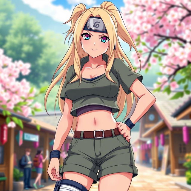 A vibrant and dynamic portrayal of Tsunade from Naruto, dressed in stylish, short clothing that showcases her strong figure