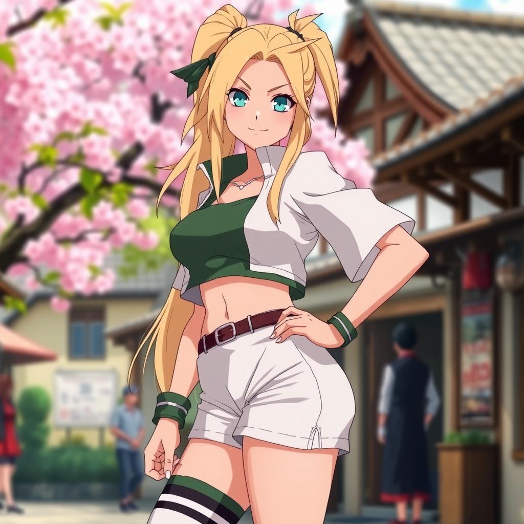 A vibrant and dynamic portrayal of Tsunade from Naruto, dressed in stylish, short clothing that showcases her strong figure