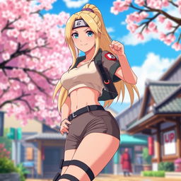 A vibrant and dynamic portrayal of Tsunade from Naruto, dressed in stylish, short clothing that showcases her strong figure