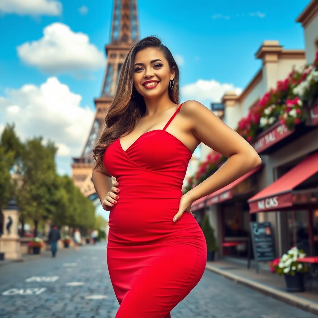 A voluptuous woman confidently standing in front of the Eiffel Tower in Paris, dressed in a stylish and form-fitting red dress that accentuates her curves