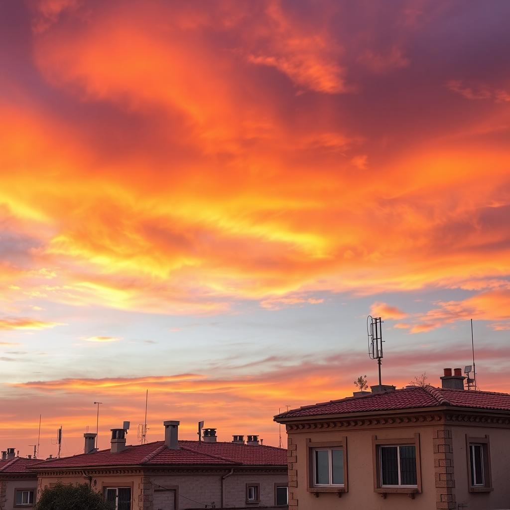 A beautiful depiction of the sky above Gaza, showcasing a vibrant sunset with hues of orange, purple, and pink blending together