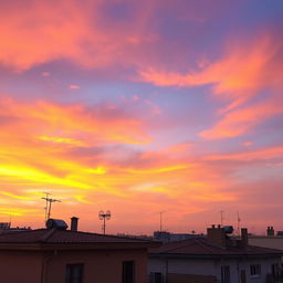 A beautiful depiction of the sky above Gaza, showcasing a vibrant sunset with hues of orange, purple, and pink blending together