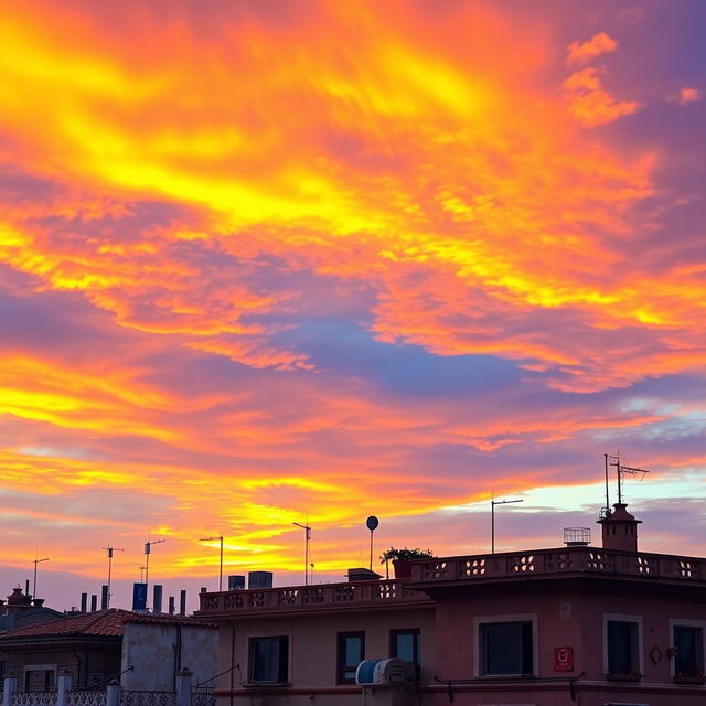 A beautiful depiction of the sky above Gaza, showcasing a vibrant sunset with hues of orange, purple, and pink blending together